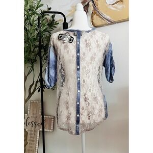 Angie Tie Dye Lace Back Button Front Blouse Blue Roll Tab Sleeve Medium